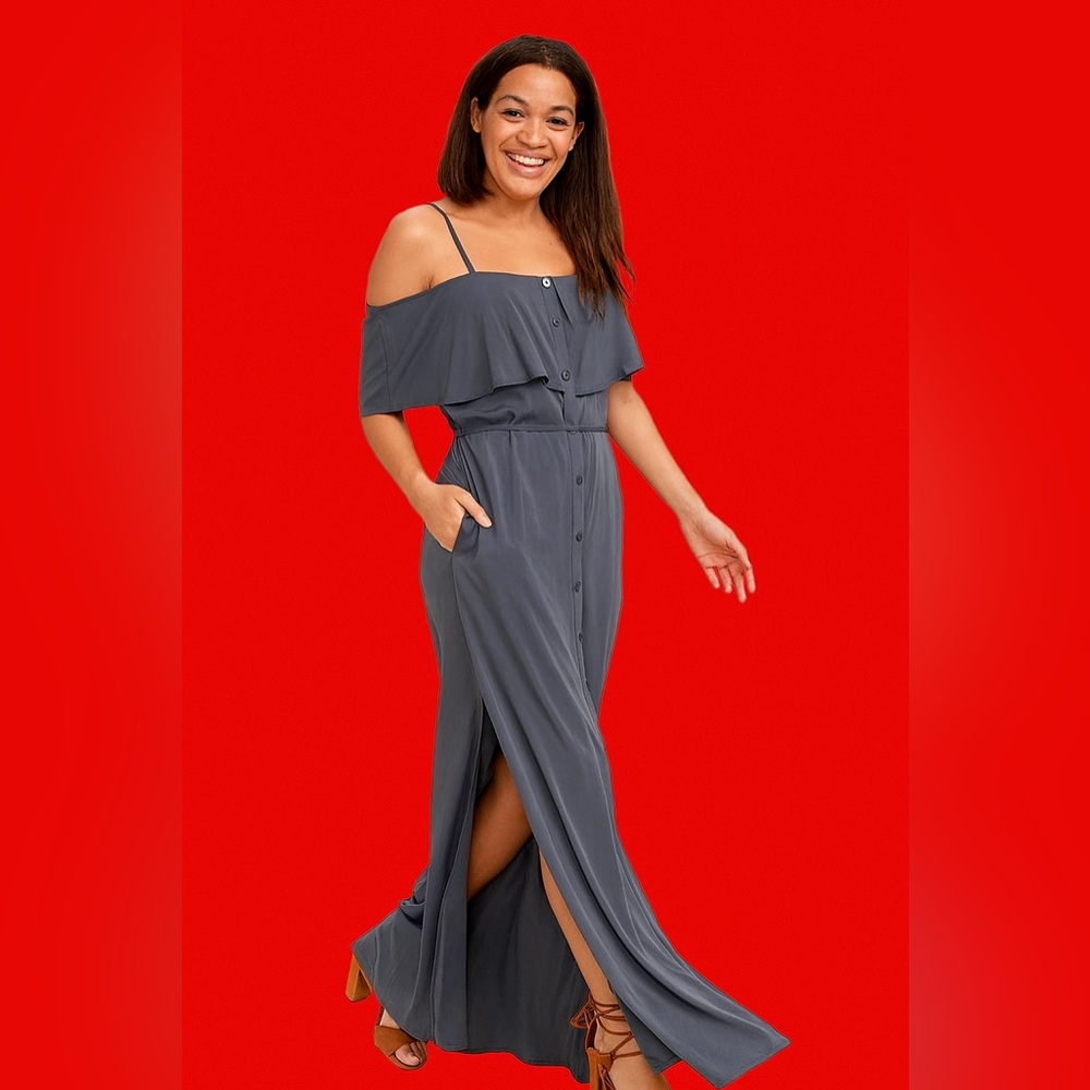 NEW Lulus Life's Wonders Denim Blue Off-the-Shoulder Long Maxi Dress NWT-size S